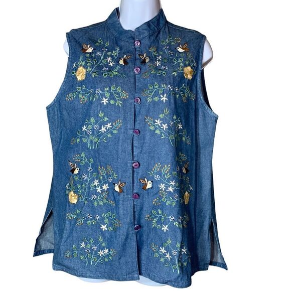 Orvis Womens denim embroidered flower bird vest‎ - Picture 1 of 8